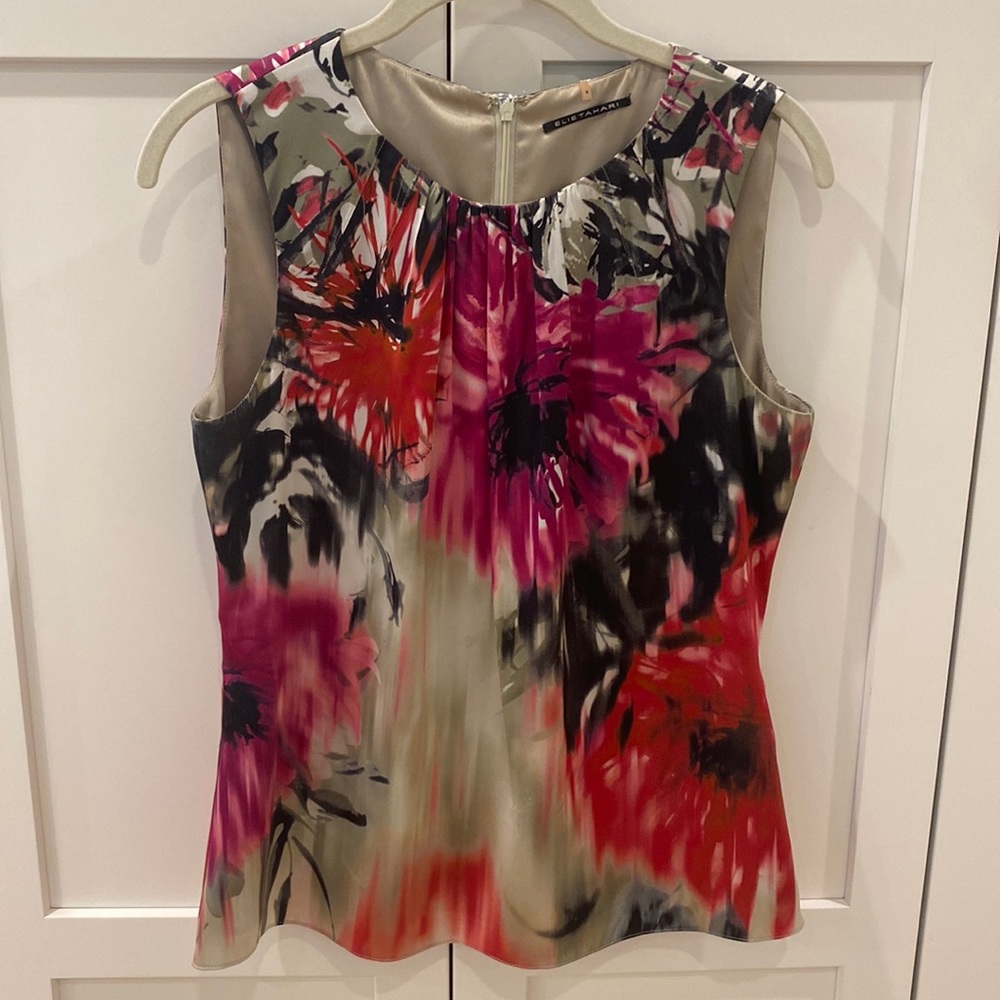 Elie Tahari Silk Shell Top S Abstract Print Floral Blouse Sleeveless Lined Taupe